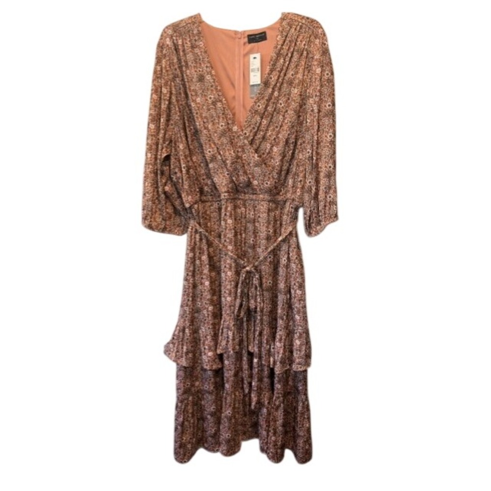 Lane Bryant Floral Tiered Midi Dress Womens 26P Petite Pink Brown V-Neck NWT